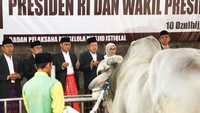 Secara simbolis, hewan kurban diserahkan JK kepada Direktur Jenderal (Dirjen) Bimbingan Masyarakat Islam Kemenag Muhammadiyah Amin.  (Foto: Dok. Tim Media Wapres/Sys Milla)