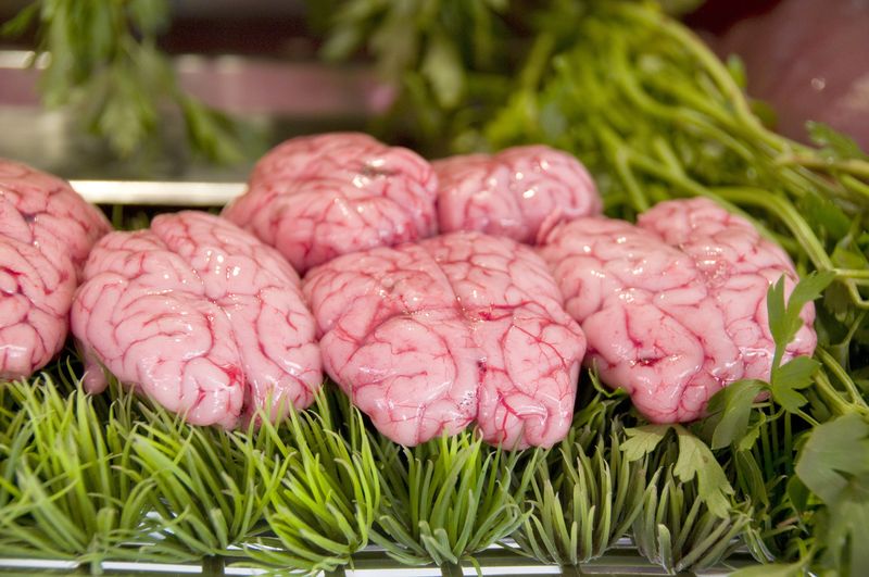 cow beef brains on display for sale in butcher shop in market in casablanca morocco africa