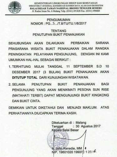 Bukit Penanjakan Bromo Ditutup 3 Bulan/