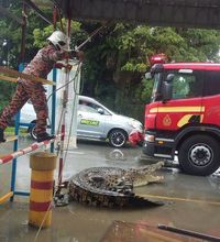 Petugas pemadam kebakaran berusaha menangkap buaya raksasa itu