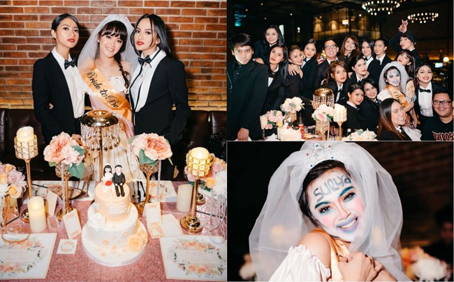 Sheza Idris yang menikah pada 12 Agustus 2017 kemarin mendapatkan kejutan bridal shower seru dari para sahabatnya seperti Ririn Ekawati dan Rini Yulianti. Dalam pesta tersebut, para sahabat Sheza berdandan memakai jas hitam dan dasi kupu-kupu, sementara dia berdandan layaknya pengantin. Yang lucu, di akhir acara Sheza didandani menjadi badut. Foto: Dok. Instagram