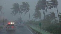 Para polisi tetap berpatroli di tengah terpaan badai yang mengamuk. Kabut dan pohon yang tertiup angin jadi pemandangan yang menyeramkan (REUTERS/Alvin Baez)