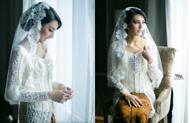 Tyas Mirasih mengenakan veil berhias bordir sebagai pelengkap busana pengantin di pernikahan pertamanya. Foto: Dok. Instagram