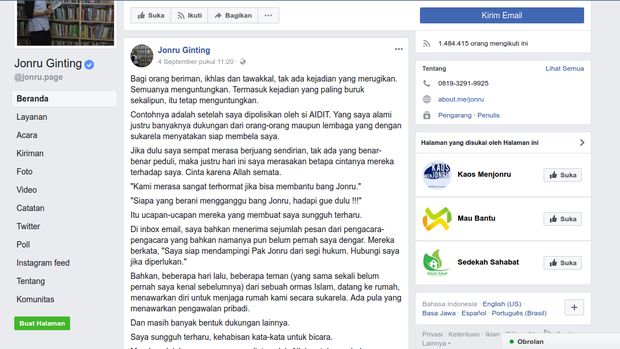 Status Jonru yang dipersoalkan Guntur Romli karena memelesetkan nama Muannas Al Aidid