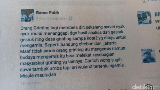 Postingan di FB yang diprotes warga Grinting