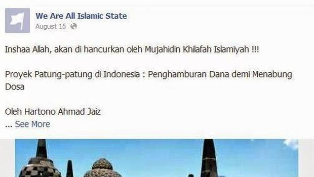 Akun facebook We Are Islamic State mengancam akan membom Borobudur, 2014