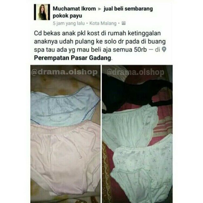 Bahkan celana dalam bekas milik orang lain saja bisa diperjualbelikan. Foto: Instagram Drama Olshop