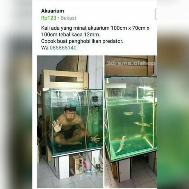 Sepertinya penjual ingin eksis atau membuktikan diri bahwa dia bisa tahan napas lama dalam air. Foto: Instagram Drama Olshop