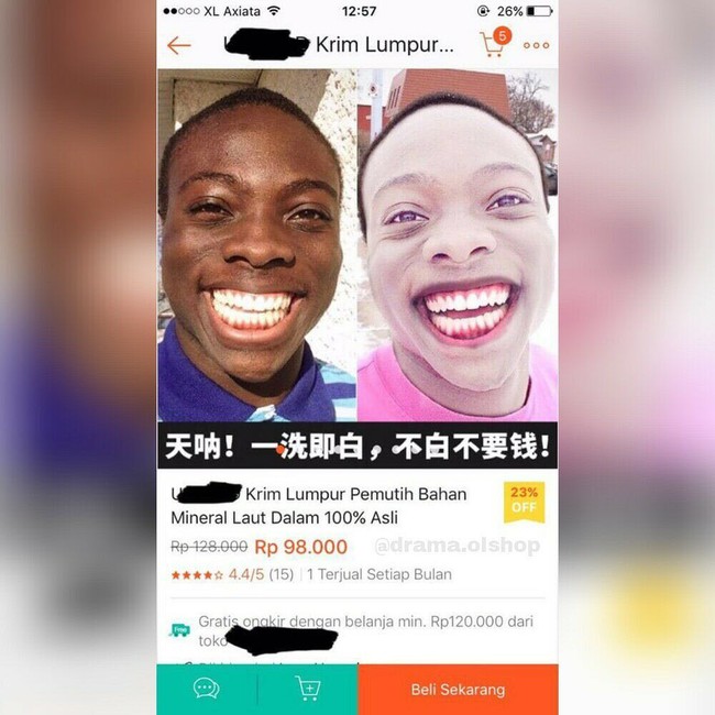 Untuk membuktikan kualitas krim lumpur pemutih yang dijualnya, disertakan pula testimoni dari orang kulit hitam. Foto: Instagram Drama Olshop