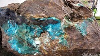 Saat sedang booming, harga batu bacan bisa menembus puluhan juta rupiah. Itu untuk yang sudah jadi batu cincin, kalau masih berbentuk bongkahan seberat 1,5 ton ini, harganya mungkin saat itu sudah tembus miliaran rupiah. Rencananya, batu bacan ini akan dijadikan sebuah monumen sebagai ciri khas Halmahera Selatan (Wahyu/detikTravel)