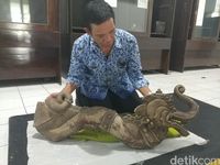 Artefak berwarna coklat pudar itu memiliki panjang sekitar 110 cm, diameter terkecil 20 cm dan terbesar 25 cm serta memiliki bobot tak kurang dari 30 kg
