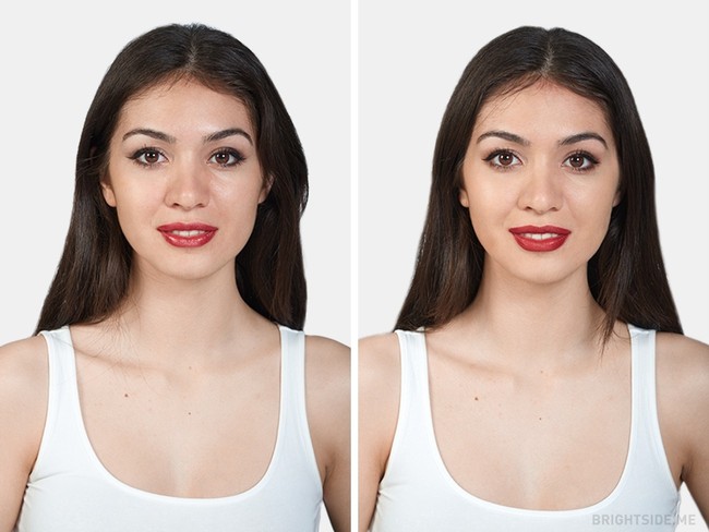 Inilah hasil akhir dari pemakaian makeup mahal versus makeup murah. Foto kiri merupakan hasil makeup murah, sedangkan foto kanan adalah hasil makeup mahal. Jika dilihat sekilas, tidak ada perbedaan berarti antara hasil makeup menggunakan produk kosmetik mahal dan murah. Hanya saja jika dilihat lagi, wajah yang dipulas foundation murah tampak sedikit lebih berminyak dibandingkan wajah dengan pulasan foundation mahal. Foto: Dok. Bright Side