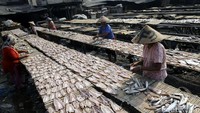 Para perajin menjemur ikan asin di Muara Angke, Jakarta Utara.