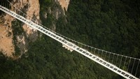 Jembatan kaca Zhangjiajie ini bahkan mengalahkan Grand Canyon Skywalk di AS yang panjangnya 21 meter dan tingginya 219 meter dari tanah. Juga mengalahkan Glacier Skywalk di Alberta, Kanada yang panjangnya 35 meter dan tingginya sedikit kurang dari 300 meter (Fred Dufour/AFP)