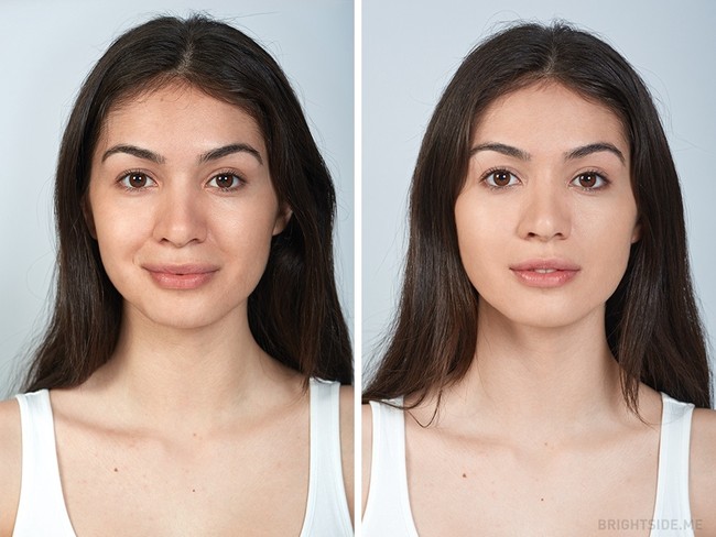 Sebuah eksperimen dilakukan Bright Side untuk memperlihatkan perbedaan makeup mahal dan makeup murah. Seorang model wanita dengan kondisi kulit yang baik pun menjadi modelnya. Pertama, si wanita mengaplikasikan foundation. Foto kiri merupakan hasil dari foundation seharga US$ 7, sedangkan foto kanan merupakan hasil dari foundation seharga US$ 54. Foto: Dok. Bright Side