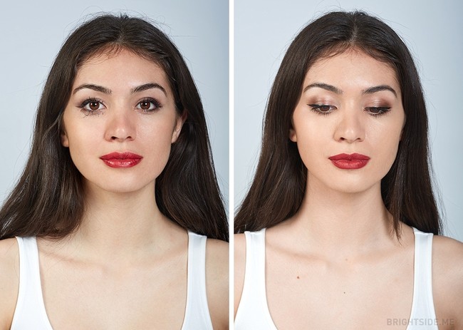 Agar perbandingan antara makeup mahal dan murah ini lebih signifikan terlihat perbedannya, dilakukan beberapa pengujian. Pengujian pertama adalah tes air hujan. Hasilnya, pada foto kiri yaitu wajah yang dipulas dengan makeup murah tampak eyeliner mulai luntur. Sedangkan wajah yang dipulas makeup mahal, semuanya lolos uji tes terpaan air. Maskara dan eyeliner terbukti waterproof. Foto: Dok. Bright Side