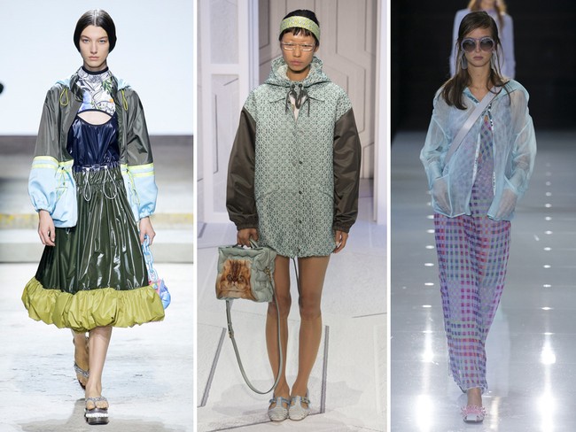 Sentuhan athleisure masih akan hadir di 2018. Untuk menggambarkannya, para desainer London mulai dari Mary katrantzou sampai Emporio Armani berkreasi membuat jas hujan yang kekinian, bahkan bisa tetap stylish dipakai saat cuaca cerah. Foto: dok. Vogue