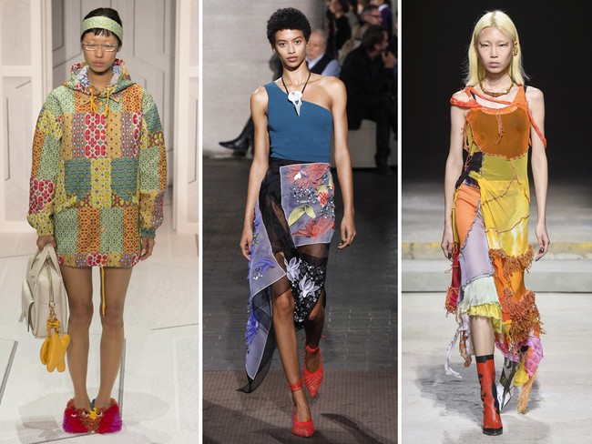 Fashion Kota London biasanya memang lebih playful dan eklektik dibanding New York. Untuk 2018, tren yang diprediksi akan besar adalah busana yang menggabungkan beberapa panel bahan berbeda bersama, atau disebut juga patchwork. Foto: dok. Vogue