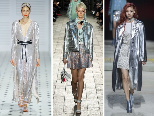 Seperti tren tahun 2000 awal, busana-busana warna perak banyak dipakai desainer di London. Kilau perak juga dihadirkan lewat ornamen sequin mengkilap untuk koleksi gaun malam dari label Ashish ke Temperley London. Foto: dok. Vogue