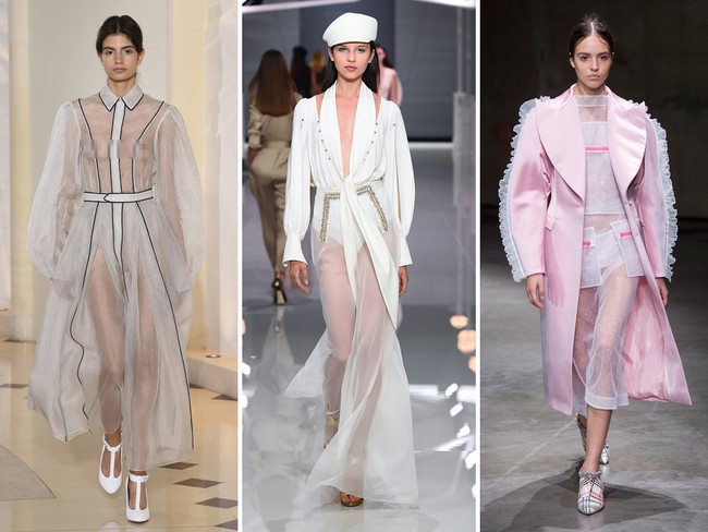 Seperti ditemukan di New York, desainer London juga setuju bil baju-baju berbahan sheer atau menerawang akan jadi tren besar di musim semi 2018. Namun dibuat dengan cara yang lebih edgy, misalnya sebagai jaket atau coat dress dibanding sebagai gaun malam ultra feminin. Foto: dok. Vogue