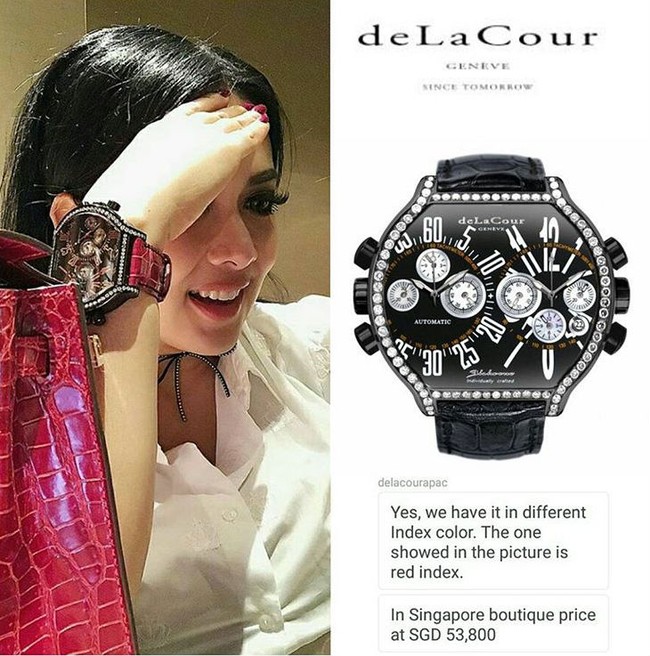 deLaCour hitam dengan sabuk kulit buaya berwarna fuchsia seharga Rp 511 juta. Foto: Instagram/fashionsyahrini