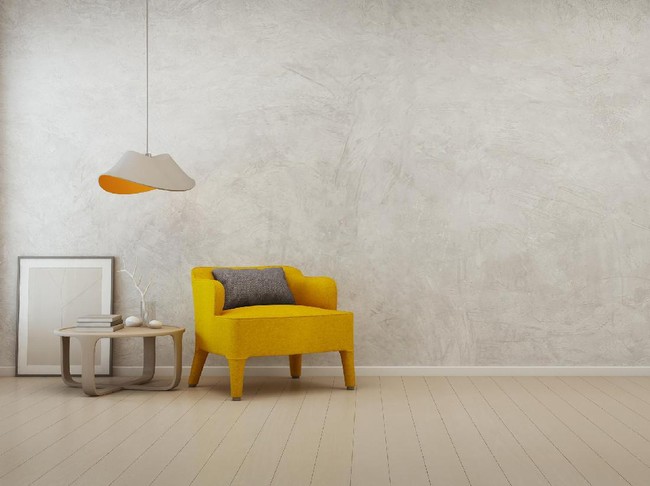 3D rendering of interior with yellow armchair, coffee table and lamp
