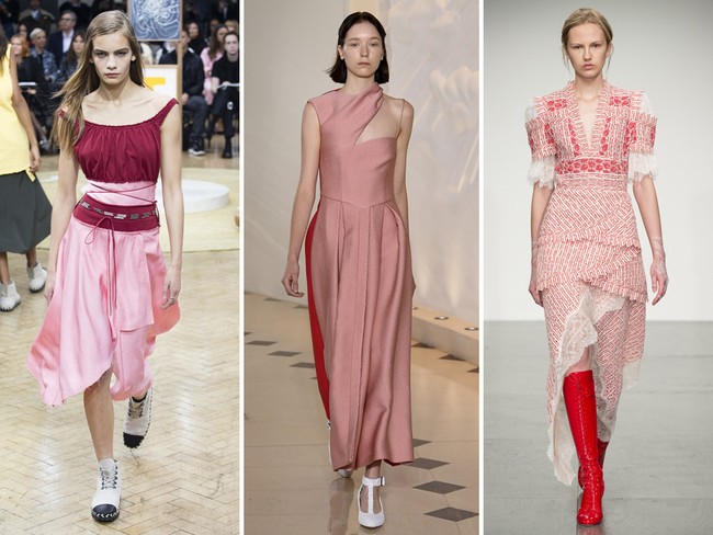 Millennial pink masih akan banyak dipakai sebagai warna dominan di 2018. Di London, pink banyak dipadukan bersama merah agar tampilannya jauh dari kata boring tapi tetap romantis. Foto: dok. Vogue
