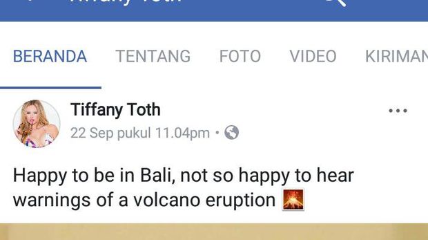 Status Facebook Tifany Toth tentang Gunung Agung