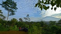 Foto ini diambil dari Karang Asem. Gunung Agung tampak indah dengan semburat awan putih di atasnya/Foto: AFP PHOTO / SONNY TUMBELAKA