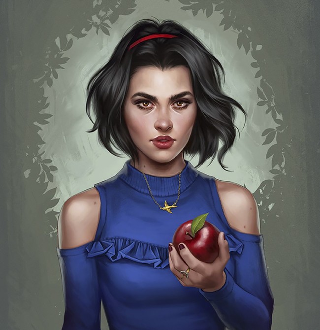 Seniman digital Fernanda Suarez memulai kreasinya dari sosok Snow White. Putri Salju dibuatnya juga menjadi kekinian dengan busana cold shoulder. Rambut bob sang putri yang dalam versi Disney tertata rapi, di tangan Suarez, Putri Salju tampil dengan rambut messy bob. Yang membuat ciri khas Putri Salju tidak hilang hanyalah buah apel yang dipegangnya. Foto: Dok. Bored Panda (Fernanda Suarez)
