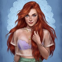 Putri Ariel tak lagi digambarkan memakai kostum megah bak anak raja. Dalam versi 2017, Putri Ariel tampil stylish dengan blouse putih transparan dan bra ungu. Rambut merahnya dibuat lebih tidak teratur dibandingkan rambutnya dalam gambaran Disney yang tampak rapi sempurna. Foto: Dok. Bored Panda (Fernanda Suarez)