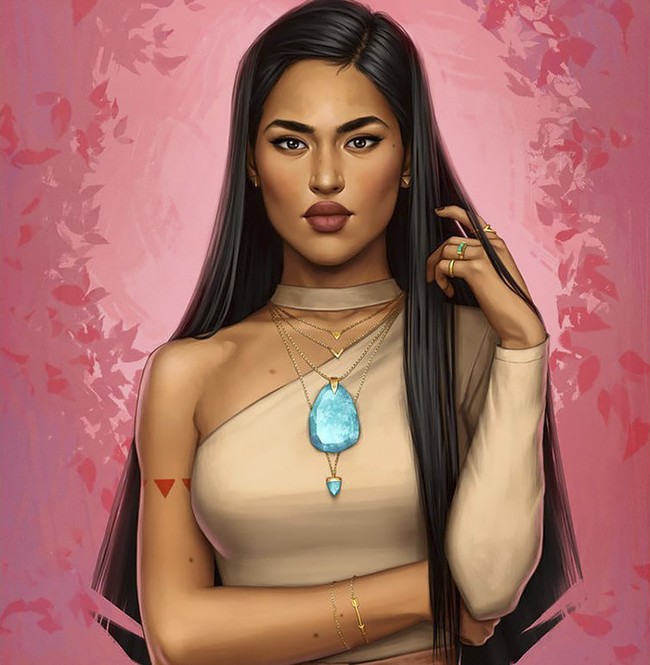 Pocahontas versi 2017 tampak tidak berbeda jauh dengan versi kisah dongeng Disney saat tayang di layar lebar pada 1995. Yang membuatnya berbeda adalah ciri khas kalungnya yang kini menjadi kalung dengan rantai bertumpuk dilengkapi batu besar berwarna biru. Foto: Dok. Bored Panda (Fernanda Suarez)