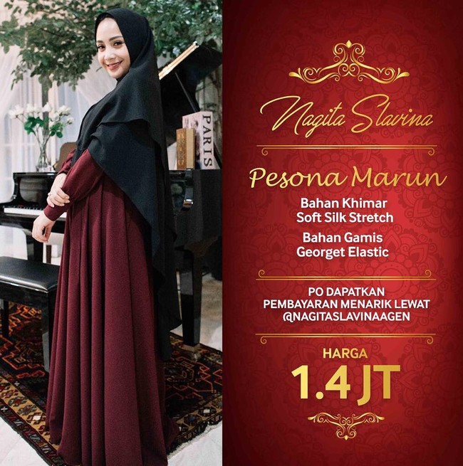 Nagita Slavina rupanya tergiur bisnis hijab. Ia juga jualan jilbab dengan nama Mukena Nagita Slavina. Tak hanya mukena yang dijualnya tapi juga beragam pakaian hijab syari. Foto: Dok. Instagram