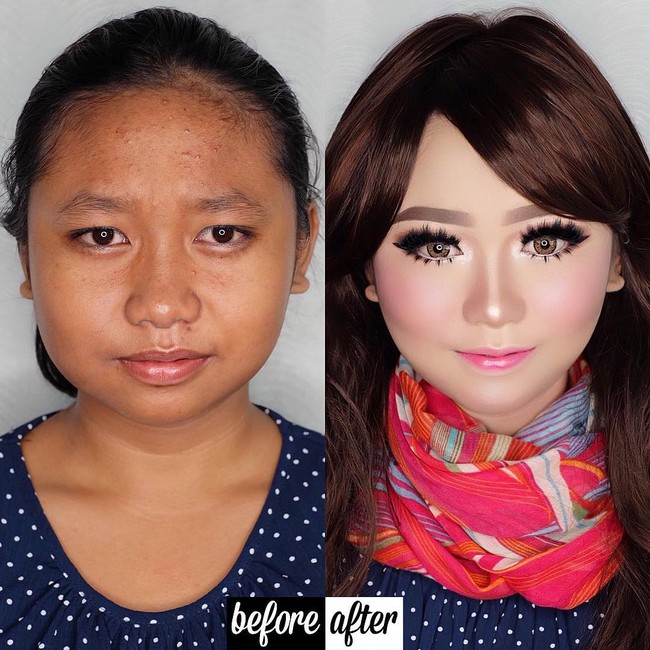 Wanita berkulit sawo matang ini berubah drastis berkat makeup. Dia menjadi mirip bintang Korea, dengan wajah flawless, alis sempurna dan bulu mata yang cetar. Foto: Dok. Instagram Vizzily