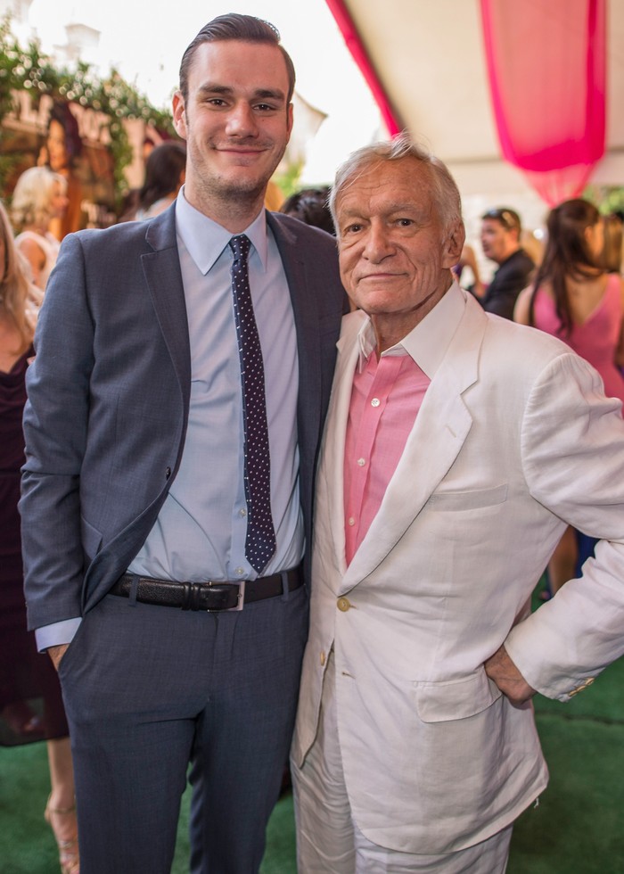 HOLMBY HILLS, CA - MAY 09:  Cooper Hefner (L) and Hugh Hefner attend Playboys 2013 Playmate Of The Year luncheon honoring Raquel Pomplun at The Playboy Mansion on May 9, 2013 in Holmby Hills, California.  (Photo by Christopher Polk/Getty Images for Playboy)