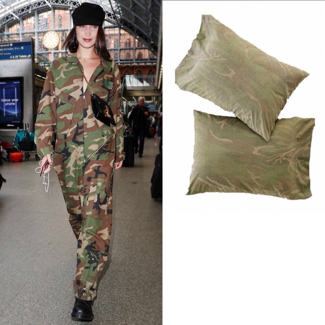 Bella Hadid membuat padanan atas bawa serba motif camo jadi terlihat keren. Kesan maskulin ini juga bisa ditunjukkan di rumah lewat bantal ini. Foto: Ist.