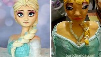 Elsa Frozen mestinya sosok putri anggun dengan rambut panjang berkepang yang cantik. Sementara versi gagalnya membuat Elsa terlihat seperti waria berbahu bidang. Foto: Istimewa Foto: Istimewa