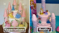 Cake tema Disney Princess ini harusnya cantik dengan susunan putri-putri berdiri di istana megah. Tapi hasilnya, menara istana pada cake justru bengkok dan terlihat aneh. Tampilan putri Disney Princess pun jadi kurang anggun. Foto: Istimewa