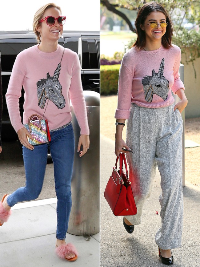 Brie Larson Vs Selena Gomez. Sama-sama memakai sweater pink gambar unicorn dari Coach. Foto: Ist.