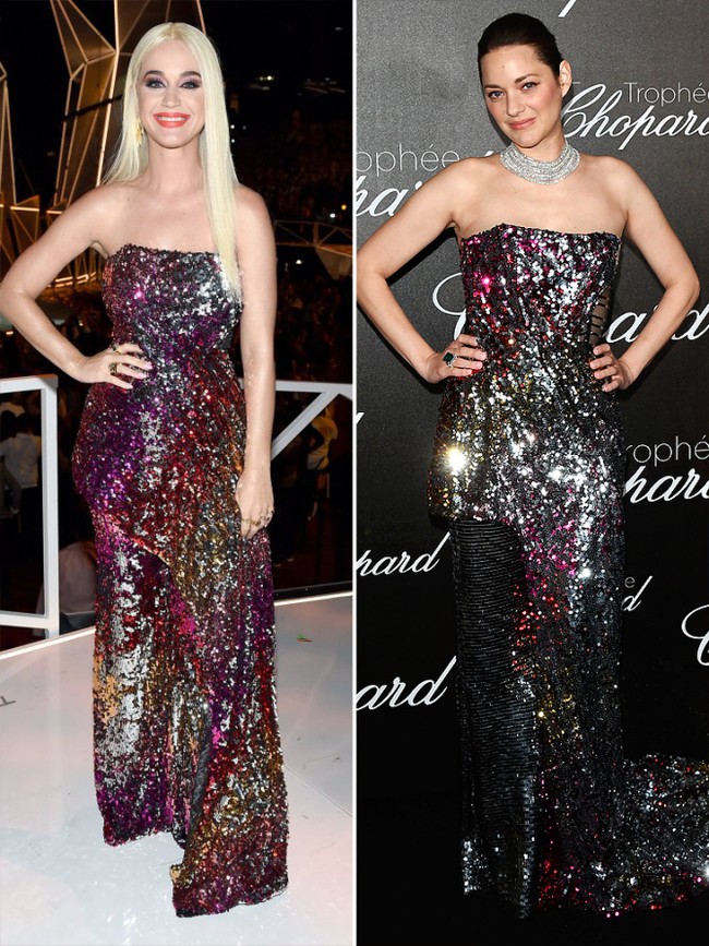 Katy Perry Vs Marion Cotilard. Keduanya memakai gaun strapless tertutup sequin penuh warna. Foto: Ist.