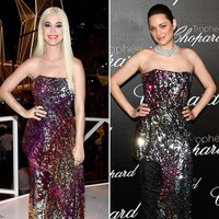 Katy Perry Vs Marion Cotilard. Keduanya memakai gaun strapless tertutup sequin penuh warna. Foto: Ist.