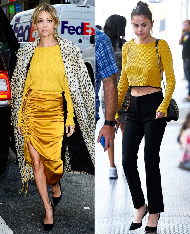 Nicole Richie Vs Selena Gomez. Kedua selebriti memakai crop sweater warna mustard dari For Love and Lemons. Foto: Ist.