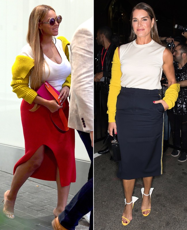 Beyonce Vs Brooke Shields. Keduanya memakai sweater lengan dari Calvin Klein seharga US$ 495 atau Rp 6,6 juta. Foto: Ist.