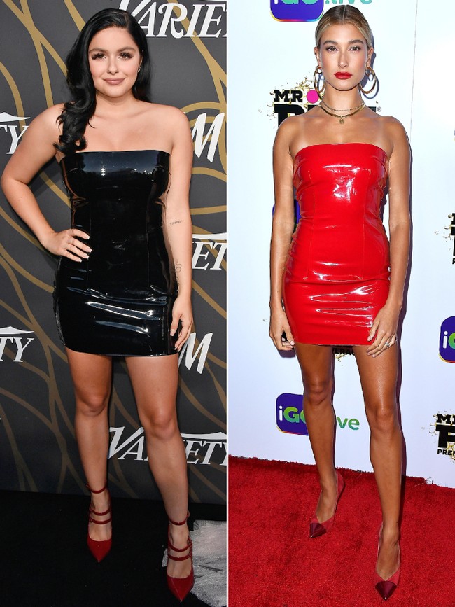 Ariel Winter Vs Hailey Baldwin. Memakai tube dress ketat berbahan latex dari Meshki. Foto: Ist.