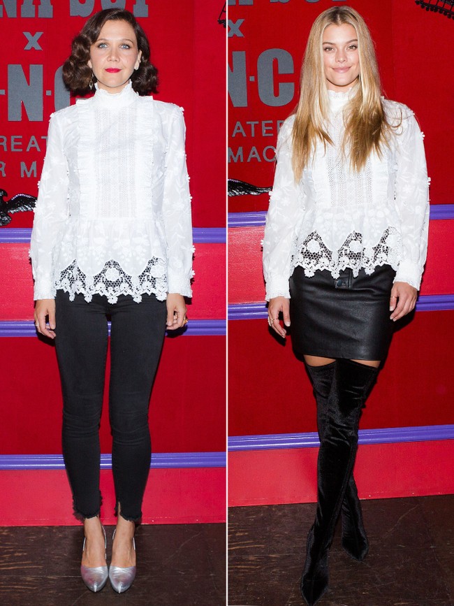 Maggie Gyllenhaal Vs Nina Agdal. Kedua seleb tampil dengan blouse lace warna putih dari Anna Sui. Foto: Ist.