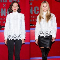 Maggie Gyllenhaal Vs Nina Agdal. Kedua seleb tampil dengan blouse lace warna putih dari Anna Sui. Foto: Ist.
