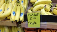 Di rak pisang terlihat sisa-sisa pisang satuan. Lalu ada penanda, Pilih aku, aku single.