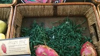 Nggak kalah keren, buah naga punya penanda berbentuk ilustrasi naga yang sedang memegang buah tersebut.