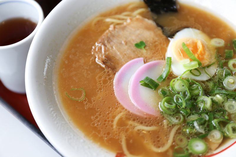 Close-up japanese noodle called ramen in a white bowl