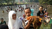 Menggunakan tangan kosong justru membuat tangkap ikan massal ini semakin seru. Dengan telaten warga menggiring ikan yang muncul ke tepian untuk menangkapnya.